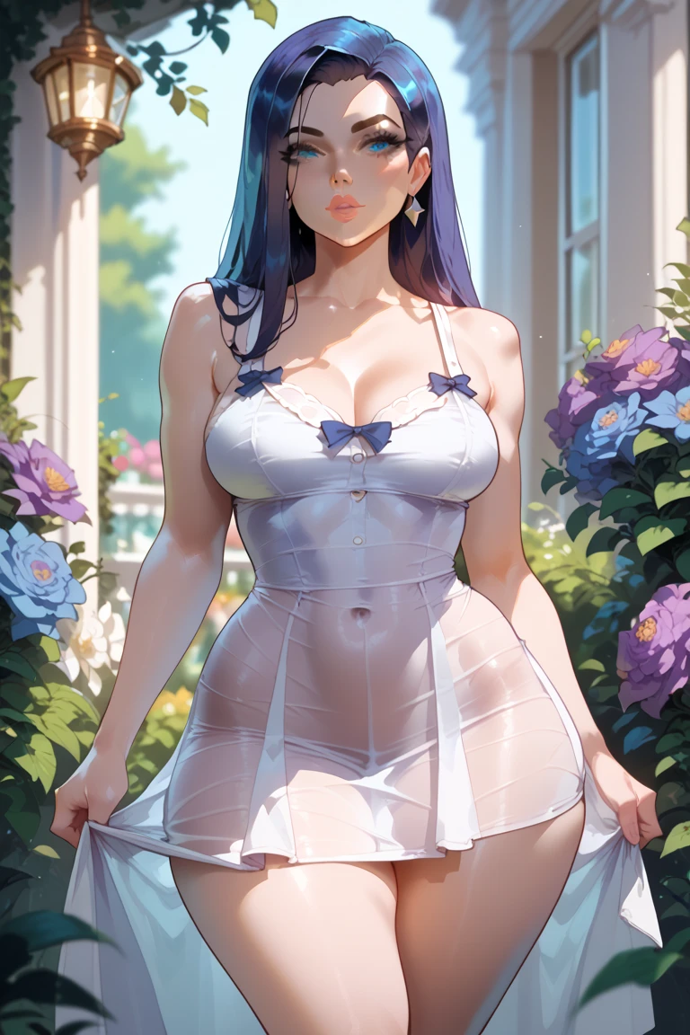 Black Hair、Blue Eyes、Girl's full body illustration、Very large breasts、Blue flower hair ornament、Clothes with exposed shoulders、Her skin is glistening with droplets of water。The background depicts an interior scene.。