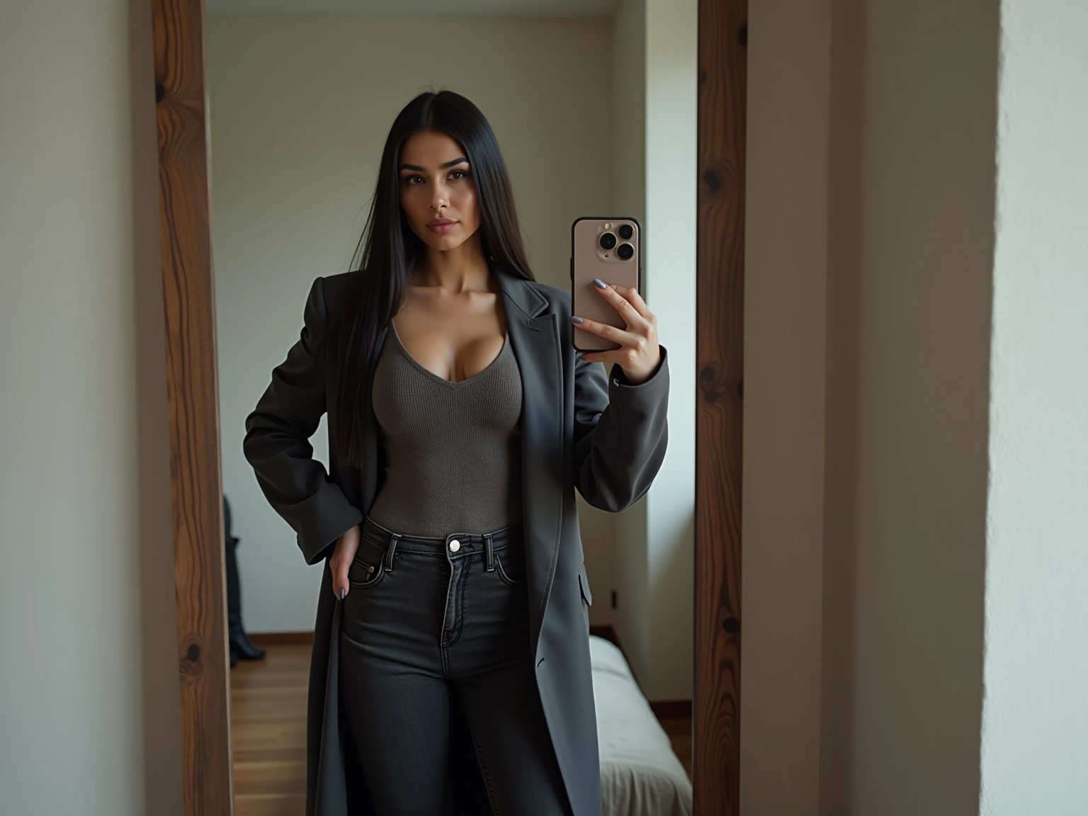 Kim Kardashian in black shirt and tights taking selfie in mirror, sonrisa descarada, 2 4 year old female model, sonrisa burlona, leve sonrisa linda, rodillas metidas, Pose satisfecha, de rodillas, posando en un dormitorio, Lleva una camiseta negra sin mangas, muy emocionado, Sentado en la cama, sonrisa encantadora, she is smiling and excited, Sentado en una cama