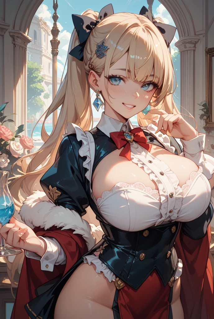 masterpiece, best quality, official art, extremely detailed CG unity 8k wallpaper, detailed background, (hand by Guido Daniele), (detail fingers), 1 mature girl, maid, (curvy), standing, (carrying the tea cup on a tray:1.12), (Maid dress:1.12), (breast curtains:1.2), (maid headdress:1.12), (maid miniskirt:1.12), (black garter straps garter belt:1.12), (long blonde hair:1.13), (ahoge:1.15), (high ponytail:1.12), (hair intakes:1.13), (green eyes:1.3), light smile, blush, huge breasts, (hanging breasts:1.11), cleavage, narrow waist, shiny skin, outdoors, (outdoor rose garden), (rose), cityscape,