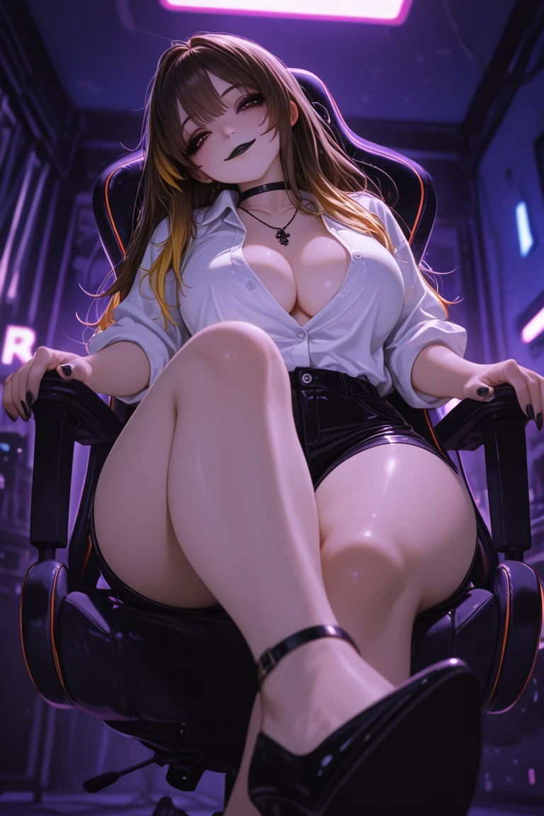 (punk/goth/metal) 1girl sitting in gaming chair, <lora:twitchstreamer:0.75> twitchstreamer, cleavage, wearing headphones, colorful lighting, (modern) bedroom,computer, desk, ((riding a camel), dynamic posing, from behind)   BREAK ((photorealistic), realistic face), medium breasts, beautifully detailed woman, realistic face, detailed mouth, extremely detailed eyes_and_face, beautiful attractive face, beautiful detailed eyes, (photorealistic), pronounced feminine feature, matte eyeshadow, eyelashes, eyeliner, perfect thin body, smooth skin, dynamic posing, toned body, flat belly, BREAK  color HD photo, Volumetric lighting, (full-body shot, high quality photo, masterpiece), HDR, 8K resolution, analogue RAW DSLR, best quality, absurdres, vivid vibrant colors, skin pores, intricate detail, (intricately detailed face_and_eyes), realistic human hands, sophisticated detail, (realistic lighting, sharp focus), centerfold, bokeh, official art, 8k wallpaper, ultra high res, professional photography