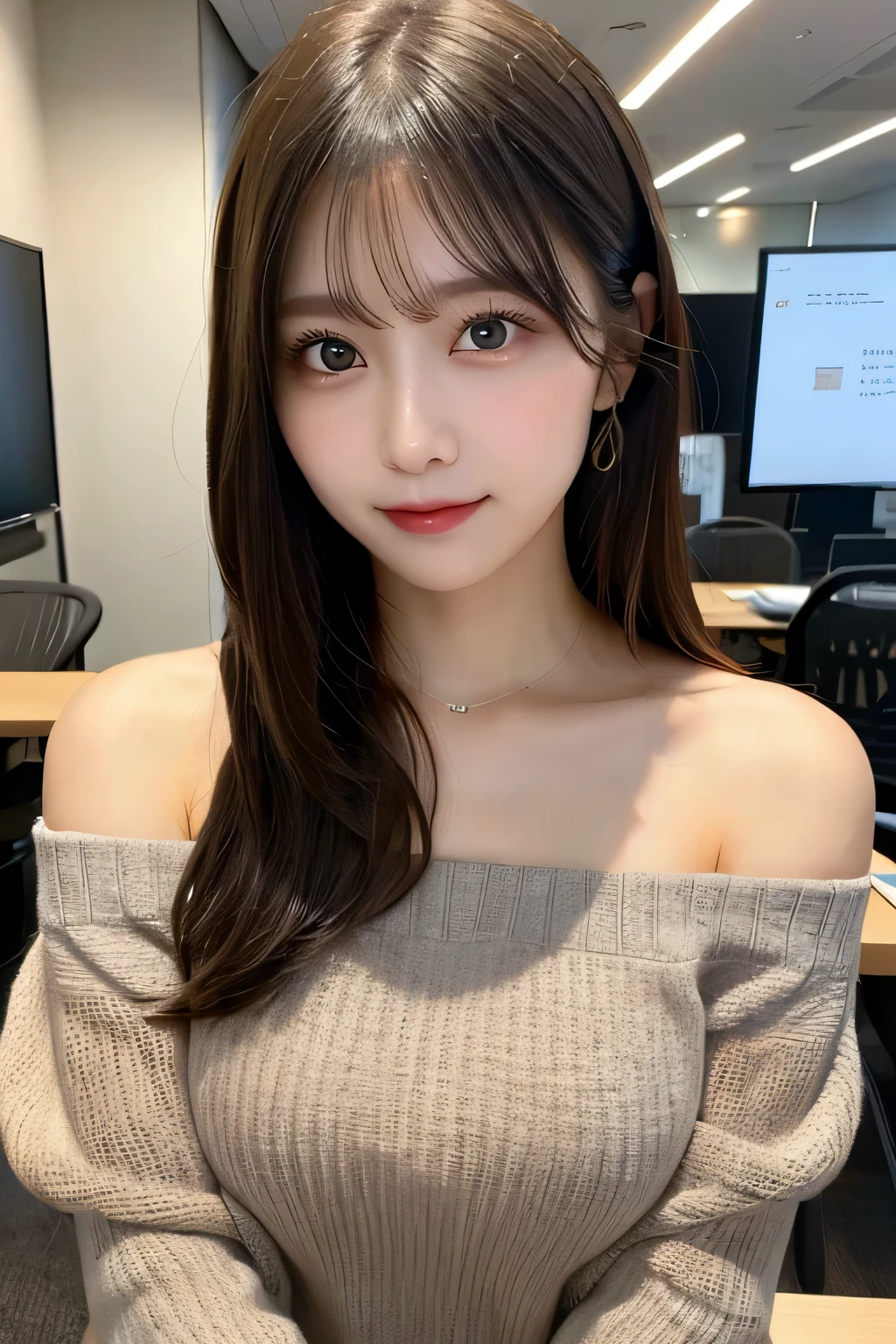 masutepiece, Best Quality, Illustration, Ultra-detailed, finely detail, hight resolution, 8K Wallpaper, Perfect dynamic composition, Beautiful detailed eyes, off-the-shoulder skirt、edium hair,Small breasts natural color lip, Bold sexy poses,Smile,State-of-the-art office、20 years girl、Cute、Sexy shot looking at camera、Blur the background