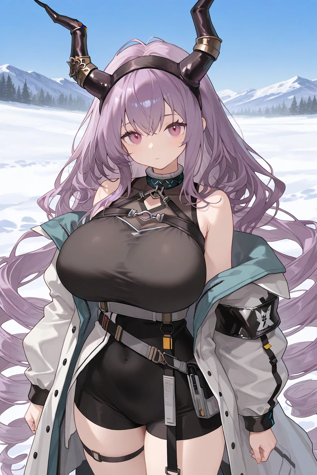 (masterpiece, top quality, best quality, official art, beautiful and aesthetic:1.2),(8k, best quality, masterpiece:1.2), (((masterpiece))),(((best quality))),(((extremely detailed))),illustration,who, (masterpiece, top quality, best quality, official art, beautiful and aesthetic:1.2),(8k, best quality, masterpiece:1.2), (Masterpiece, Best quality, best shadow), (detailed background), 1girl, One, girl, Honkai: star rail, Acheron, purple hair, long hair, shorts, one eye hidden behind hair, hair over one eye, purple eyes, White wool sweater、a miniskirt、Black thick pantyhose、Snow boots、beautiful thigh、big breasts thin waist