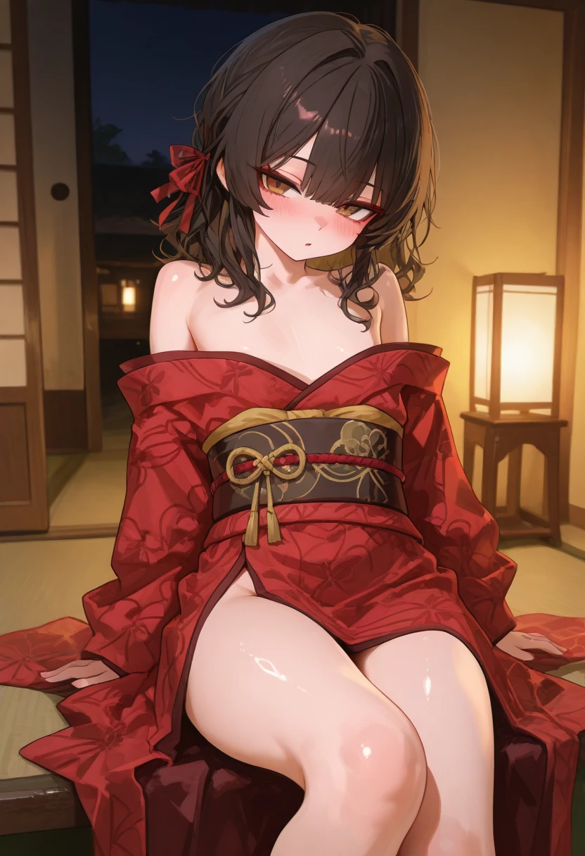 (Photorealistic:1.8, Highest quality:1.8,8K masterpiece:1.8,High resolution,Mastepiece:1.8,RAW Photos,Cinematic lighting)、A masochistic woman tied up with rope、Lying on your back、Top view angle、
(Japanese Kimono、A super mini kimono with a beautiful and cute orchid-style floral pattern:1.5、choker)、Breast Rope、Thigh rope、(Shoulders bare:1.3)、Bare thighs、Beautiful fair skin、Black Pink Jenny's pause、Random Pause、
Spread your legs、Thick pubic hair、Plump、Genitals are visible