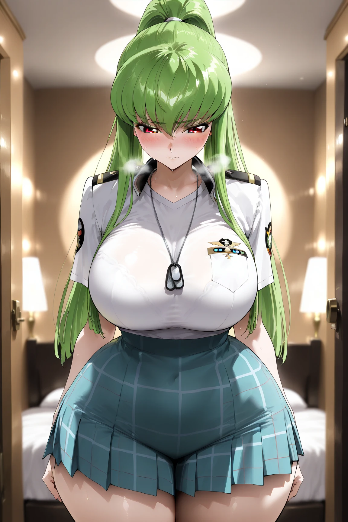 masterpiece、Highest quality、Best image quality、High resolution、Big Breasts、Green Hair、Green Eyes、Long Hair、Black Uniform、Unbranded uniform