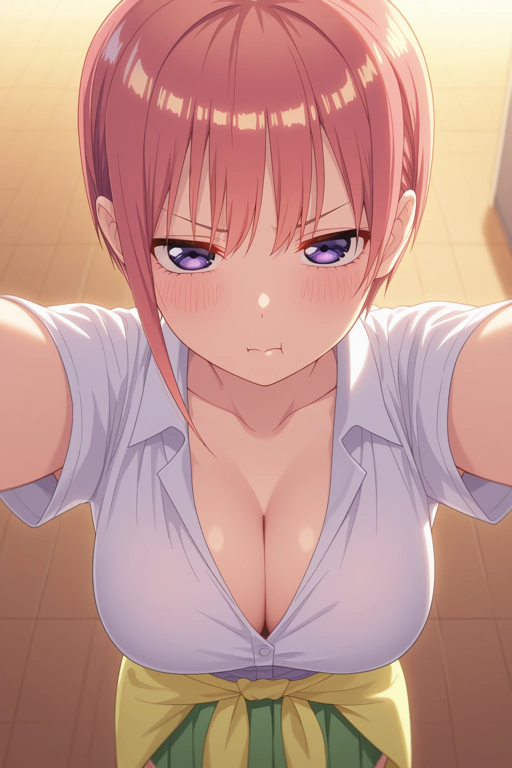 (of the highest quality, 4k, 8k, High resolution, masterpiece:1.2), Very detailed, picturesque, animated photography, Photo animation:1.37)、A Japanese high school student、(pink hair)、(pixie cut)、big breasts、in a room、underwear、(underwear color:random)、black cheokr、ecstasy face、shaking、sweat、full body photography、autophoto、ichika nakano