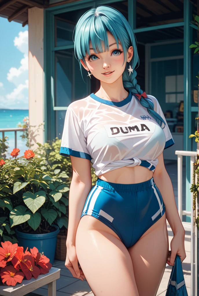 unparalleled masterpiece,( 8k, RAW photo,best quality, masterpiece:1.2), (( blue hair in ponytail braid) ,( red bow:1),(anime style), raytracing, ultra high res,  korean, ( beautiful face) , 8k, detailed eyes, eyes, pretty eyes, long lashes, 3d lashes, fake lashes, ((aqua colored eyes)early morning light,looking viewer, pov,  black thighhighs,  upper shot, cow print bikini, sharp body contours,, medium breast, wide hips, big butt,(puffy eyes:1.1) ,    wearing bunny ears, standing in a flower field  morning light through the  trees and sunrise outside , upper  body , looking at viewer, lustful expression , wet skin, sweat on skin, <lora:bulma_v1_1:0.7>