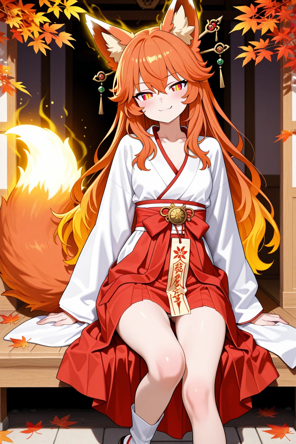fire fox with nine tails in shrine outfit, perfect body shape, beast fire aura, fierce bright red pupil, croatch tattoo, talisme