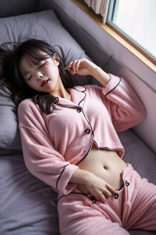 girl  sleeping、22 years old、逼真、Wearing pink pajamas、Has black hair。insertion、Female genitals、masturbation、touch and play、Feeling face