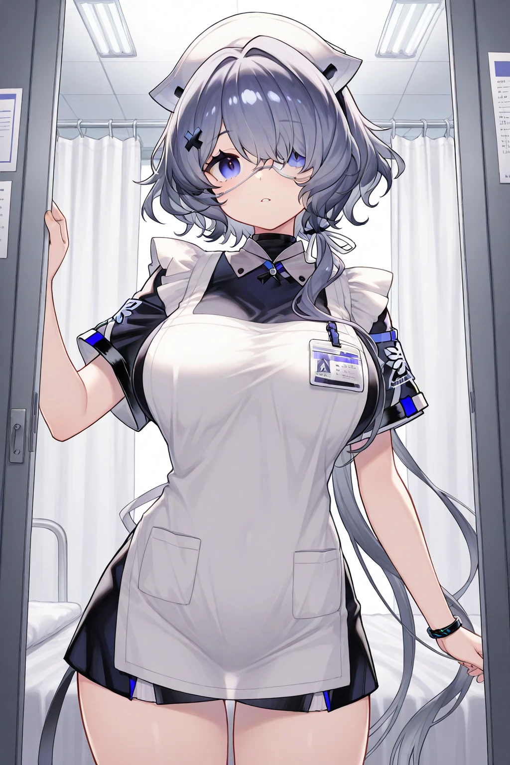 best quality, masterpiece,
1girl, solo, mature female, very short hair, navy blue hair, yellow eyes, tomboy, <lora:Tomboy-3000-12repeats:0.7>,
large breasts, detailed face, detailed eyes, highres,
nurse, nurse cap, white pantyhose,
bright light, bright, detailed light, <lora:NonomuraHospitalStyle:0.5>