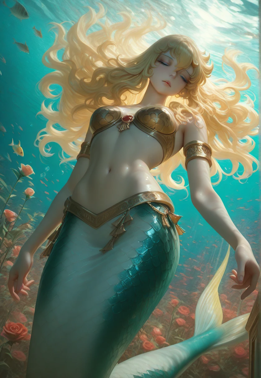 Mermaid, gold mertail, short blond hair, brown top, Access Pass, masterpiece, best quality