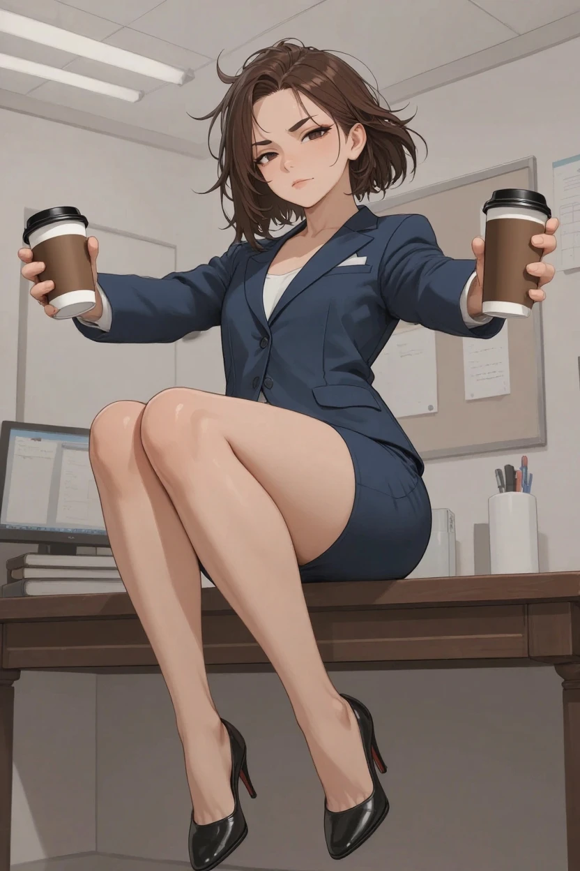 nobara kugisaki,teacher uniform,cafe, sitting on chair, glass table,drinking coffee,sexy, crossed legs,white heels, large breasts ,ftont look, mocking smile,seductive face,red nails ,messy hair, pleasure face,smiling, detailed face, detailed eyes,text bubble