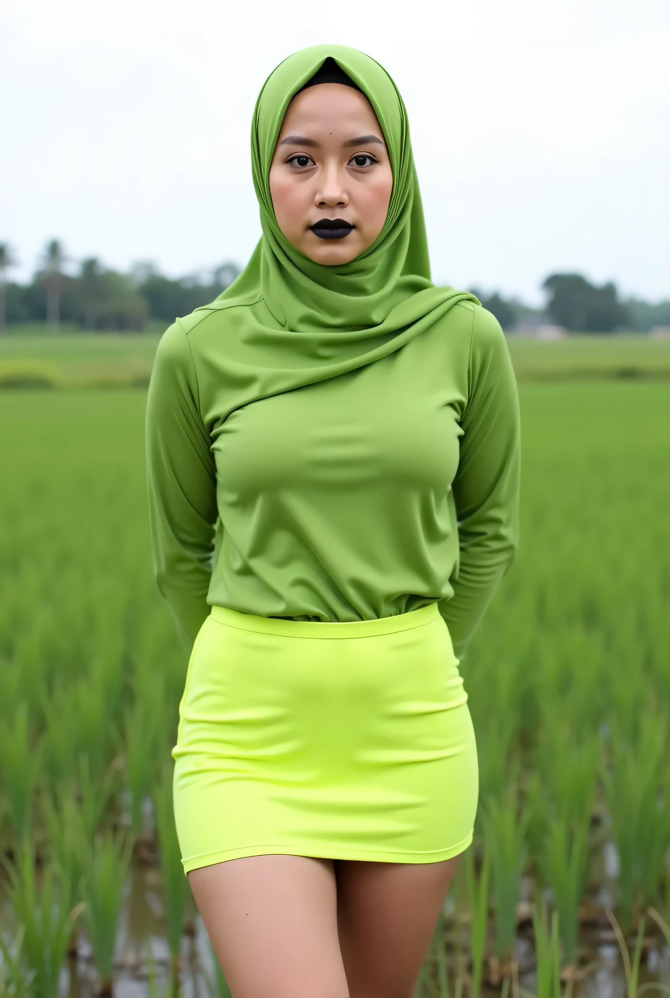 (SSBBW black lipstick), Latex White plain mini very short skirt, Tetek besar melayut, (Gigantic Breasts:3.24), Skinny hijab skinny hijab skinny hijab skinny hijab, (photorealistic:1.6) (Indonesian fluorescent green hijab) skinny dry mom wear top tank and (Latex White plain mini very short skirt), background rice paddy. daytime atmosphere, don't put any rope! flat chest!, duduk di atas kerusi kaca, hands behind back while legs astride, Look from the front you are stupid!, wearing Detailed Fully purple net tight dress very detailed large breasts