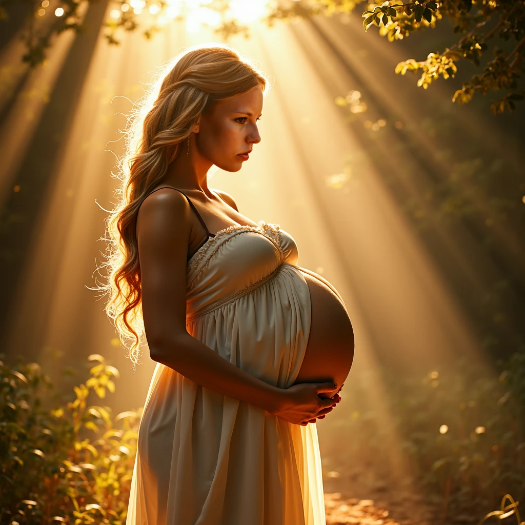 Greek goddess with stylish clothes in greenish tones with golden threads, gold bracelet, golden arrangement on the head, pregnant with fair skin and long wavy light brown hair reminiscent of the figure of the goddess DEMETER, In the background, a wheat field at sunset, convey depth, The goddess is fully connected to her womb and her baby