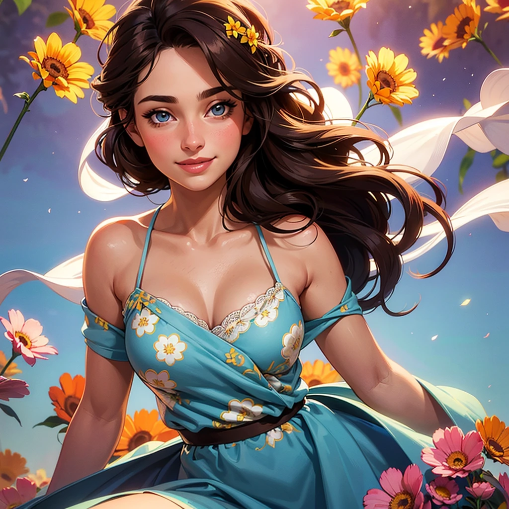 ( Absurdly , High quality , ultra detailed ) ,( hand detailed ) , 1girl, solo, mature, very long hair, sunflower hair , beautiful crystal eyes ( eye detailed ) Baroque, Necklace, long dress, long sleeve, elegant, colorful, highest detailed, upper body , with the river and sunflowers