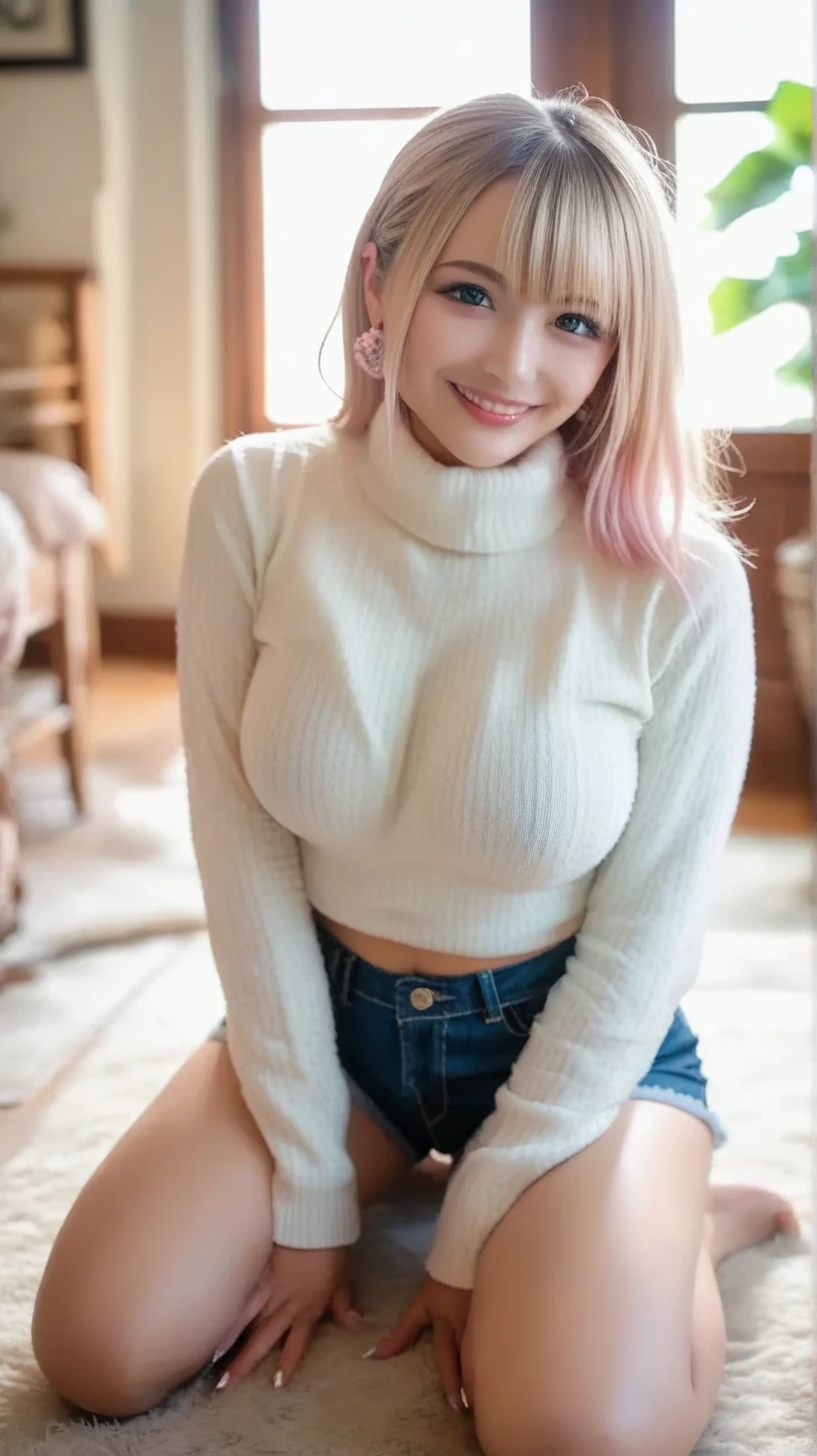 (original character、unity 16k wallpaper, table top, highest quality, super detailed, Highly detailed CG, caustics, cinematic lighting, be familiar with, beautiful and fine eyes, alone), ultra high resolution, fine skin, (heavy makeup:1.2,eyeliner,eye shadow:1.1,sunburned skin,mascara,Kirby,huge breasts), (strong light)、oily skin,smile,pink gray color hair , casual , from the front:1.2、(japanese gal、sexy woman、hot pants,turtleneck sweater,Knee-high boots,white skinny leggings),cleavage