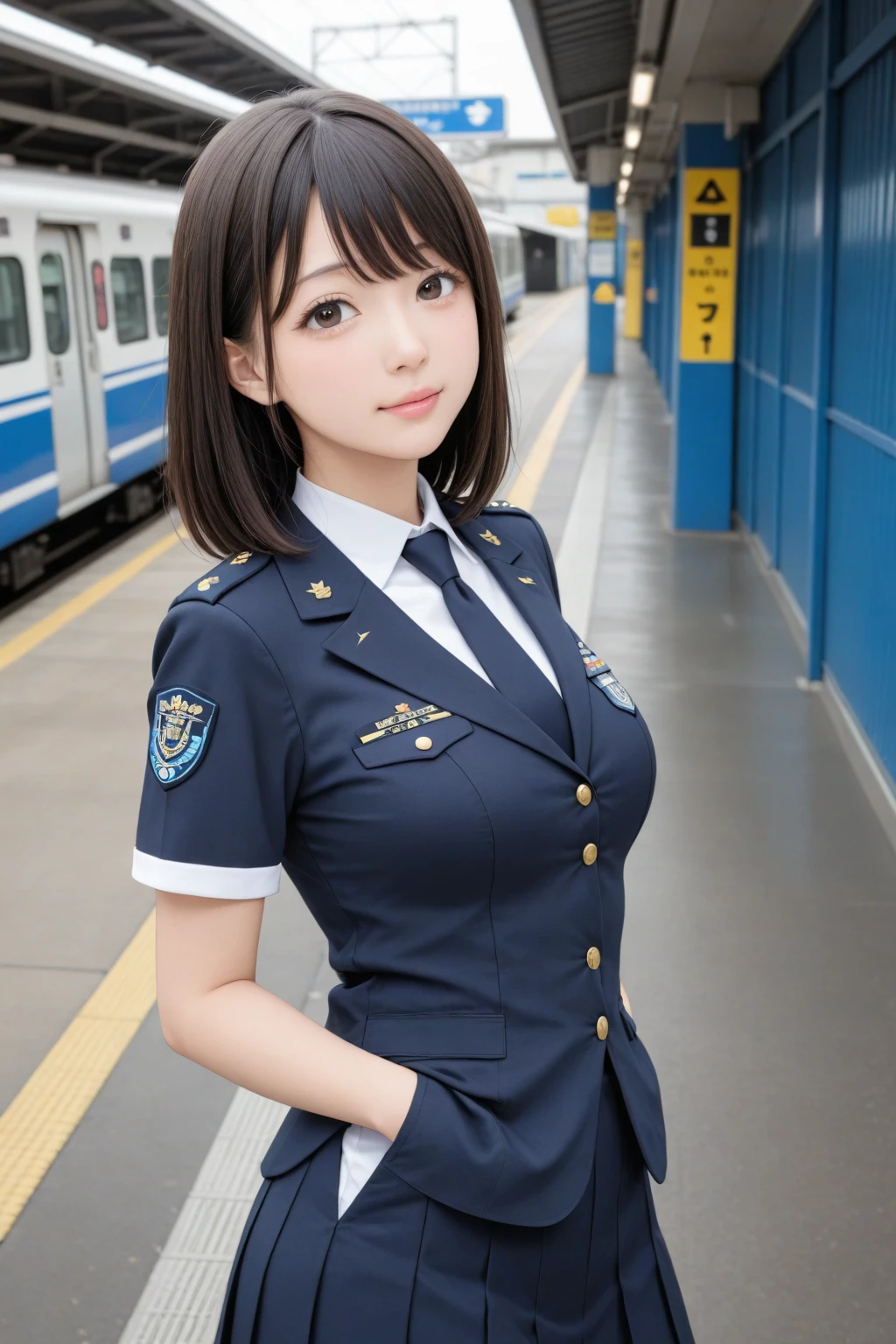 masterpiece, best quality, extremely detailed, Japanese android girl,Plump ,control panels,robot arms,robot,android,cyborg,white robot body,ceramic body,perfect robotgirl,police,helmet,head cover,police uniform,blue eyes,