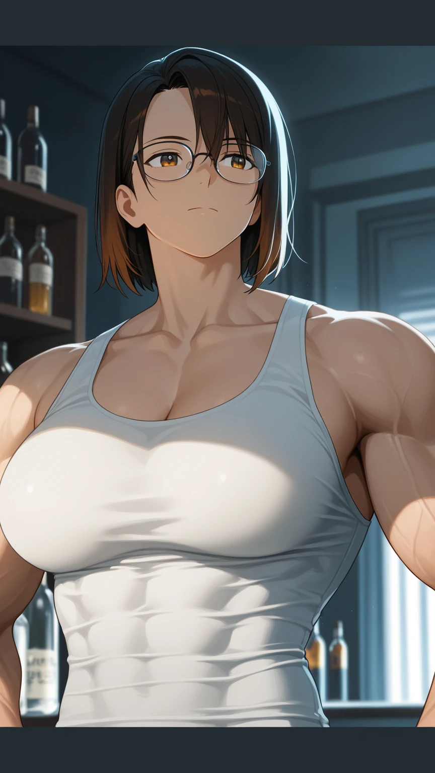 masterpiece, best quality, 1 girl, himeragi yukina, brown eyes, black hair, hair between eyes, medium hair, (healthy skin) , (((white and short tank top))), medium hair, (((in the lab))) ,(( breasts:0.8 )),weak unhealthy ,(( thin)) shy, muscular, strong