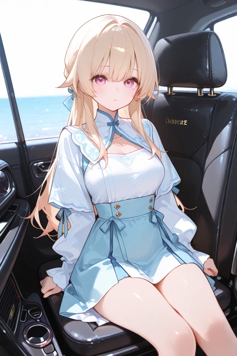 (masterpiece, best quality, highres:1.3), 1girl, huge breasts, uncle and niece, wind, outdoors, junkyard, very wide shot, messy hair, white blonde hair, fringed bangs, floating hair, light blue eyes, (empty eyes:1.3), legs apart, dress shirt, lace hairband, cleavage, embarrassed, smile, full-face blush, open mouth, dynamic angle, portrait, looking back