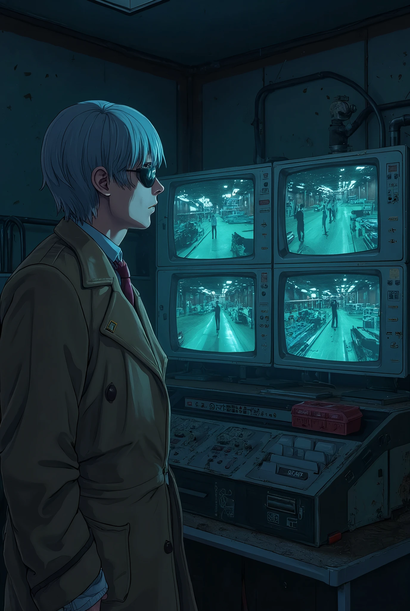 Anime-style illustration. A man with light lavender-gray hair, wearing a brown trench coat, a red tie, and a black pirate eyepatch over his left eye, stands in a small dimly lit security room. He is facing an old, thick computer monitor, which emits a flickering blue glow that illuminates the entire room — the only light source.
The monitor screen is divided into four sections, showing CCTV footage of different corners of a factory floor. In the upper-left section, the man sees his own double — a mysterious lookalike staring directly up into the camera.
The man’s expression is cold, calculating, and visibly puzzled, as if trying to understand who this double is. His eyes are sharp, filled with suspicion and curiosity. The room is cramped, with worn control panels, cables, and a faint sense of dust and silence.
Mood: Psychological thriller, similar to Death Note or Paranoia Agent. Use dramatic shadows and cinematic lighting to enhance the tension.