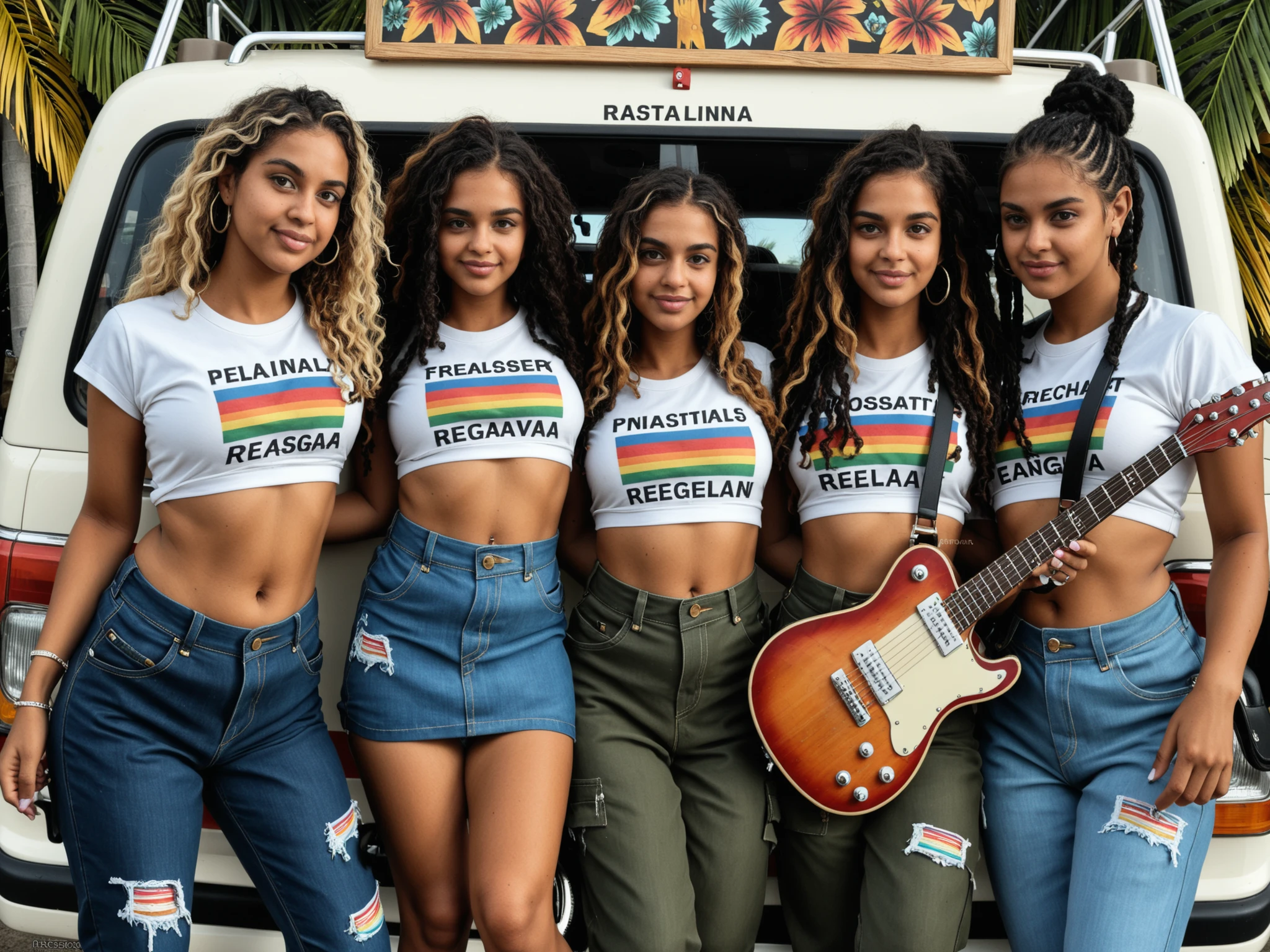 A vibrant Facebook cover photo set in a tropical street of Ella or Arugam Bay, Sri Lanka. A group of stylish Sri Lankan youth hang out in front of a colorful reggae-themed café with murals of Bob Marley, rasta flags, and street art.
The young men wear modern reggae fashion: loose-fit printed shirts, cargo pants, rasta-colored accessories, dread-style hair, and chunky sneakers.
The young women wear modern reggae fusion outfits: crop tops, wrap skirts, patchwork fabrics, natural curls or headwraps, bold jewelry, and sandals.
One plays a hand drum, another holds a guitar, and someone else sips a coconut drink.
Background: Warm sunset glow, tropical palms, vintage van with reggae colors parked beside.
Text overlay (bold reggae-style font): “Reggae Sri Lanka – Modern Island Vibes | Youth | Music | Style”
Layout: Horizontal (16:9), high-resolution, colorful, stylish, culturally rooted but youthful and modern.