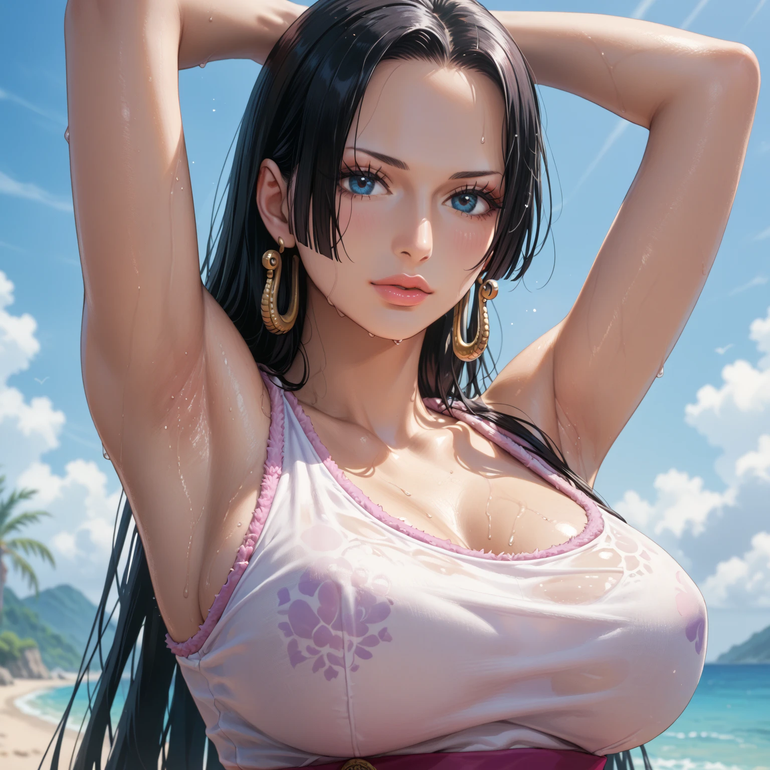 Nude, boa Hancock, huge breasts, thin waist, masterpiece, Bokeh, perfect figure, sexy pose, exposed breasts, small nipples, no top