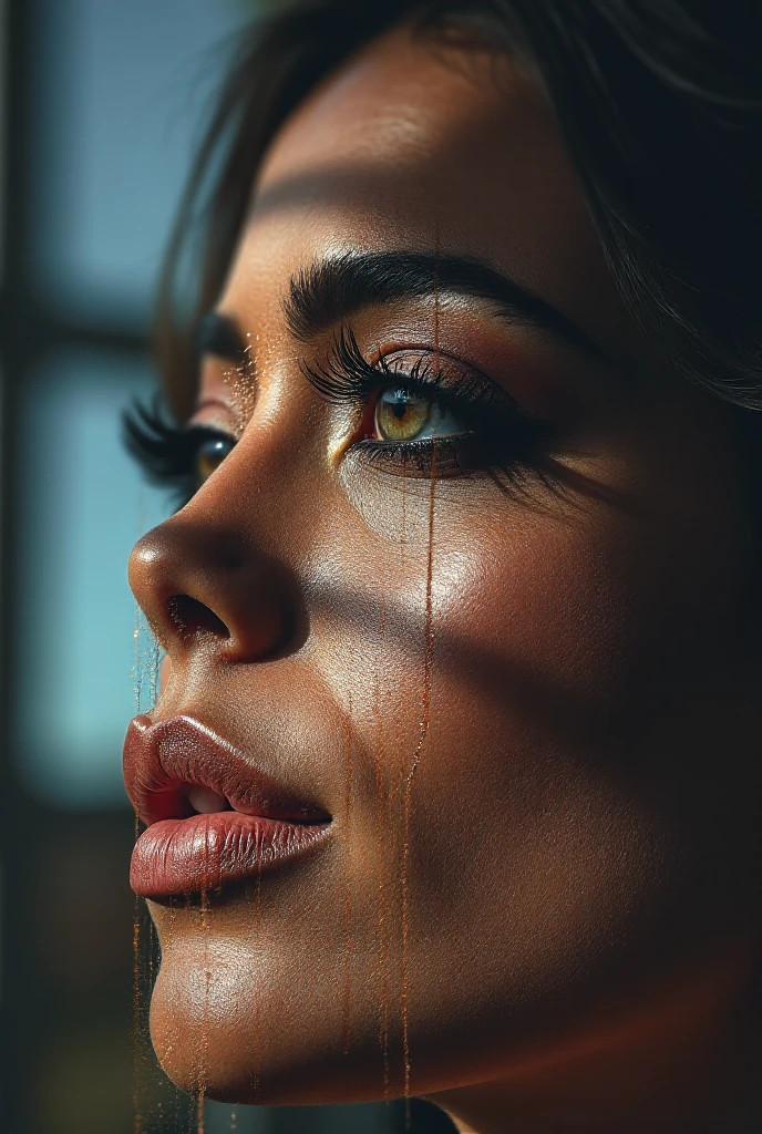 best image quality, masterpiece, ultra high resolution, (fidelity :1.4), photograph, 1 girl,[(sorrow)],white shirt, 薄dark, dark, Desperate, regret, pitiful, cinematic,tear,teardrop,(torn clothes:1.5), (wet clothes:1.4), bare shoulders,real rain,wet hair,..
