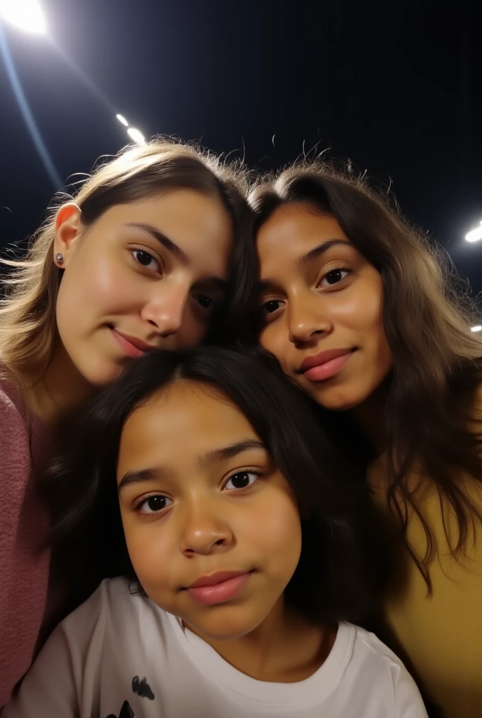 Against the backdrop of an orange sunset, a girl and two children show their tongues. In yellow T-shirts