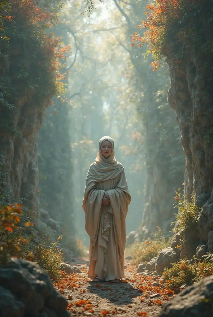 A female elf with full hijab touching the trees