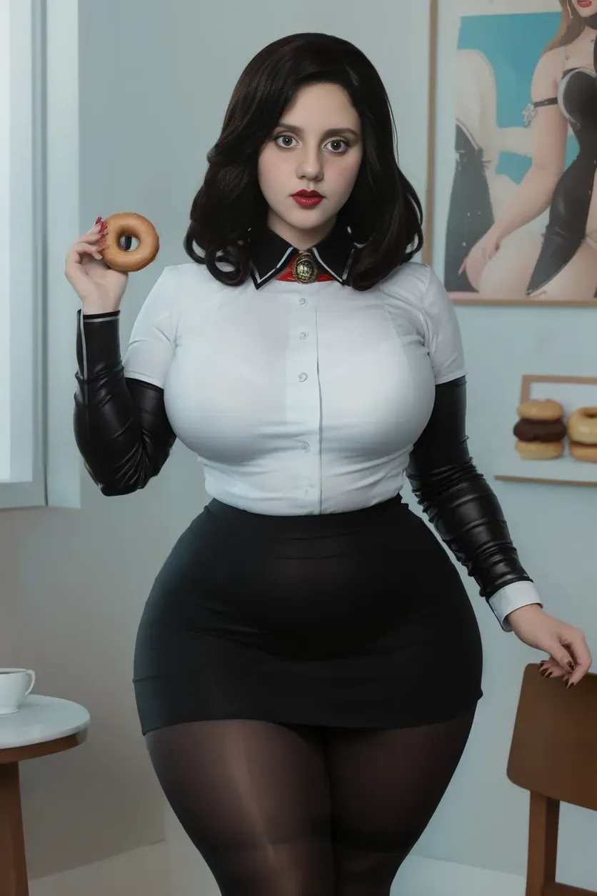 masterpiece, (photorealistic), (8k wallpaper) , (best quality), perfect quality, solo, (detailed eyes), girl, Elizabeth, eating donut, shoving donut into mouth, very beautiful, small smile, young, face : (make up, young, very beautiful face, plump cheeks, plump face, pleasure, opened mouth, small smile, beautiful, cute face, young, big eyes) , figure: ( very full body, big breasts, very full figure, very thicc, very thick, very chubby, chubby belly, belly bulge, very soft, very curvy, love handles, fat rolls, belly rolls, sexy curves, sexy pose, sexy, muffin top, very thick thighs, thunder thighs) , clothes : (tight white shirt, black tight miniskirt, black tights)
