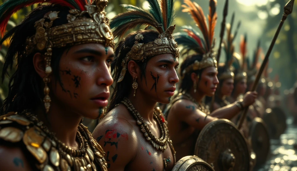 （masterpiece，Best quality，Super Fine，Best shadow），（Two Mayan warriors take a photo together，Dark skin，Yellow eyes，Black braids，Mayan clothing），（Background details，Close-up，Sky，Salama，Mayan civilization，Mayan Pyramids，forest，jungle，serious，anger），（Facial details，Male characteristics，Strong jawline），（Optimal lighting），（light），colorful，Dramatic light，Intricate details