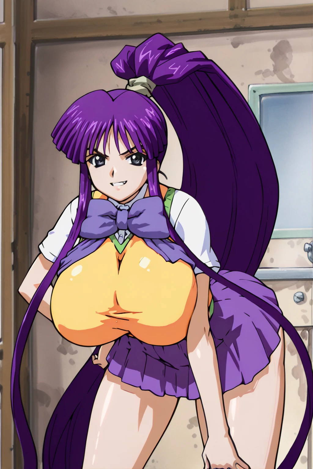 jessie pokemon, buttons, jewelry, arms behind head, upper body, blue eyes, white shirt, solo, makeup, 1girl, arm up, purple hair, earrings, collarbone, hair slicked back, indoors, parted lips, blurry background,???, ????? full body, show pussy, show tits, standing on beach , ????? full body