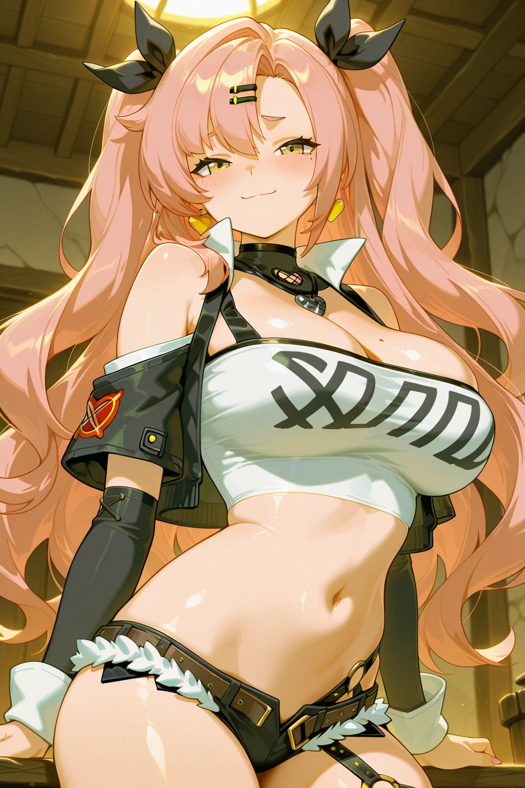 masterpiece, high quality, detailed eyes, 
1girl, solo, rabbit_hair_ornament,hair_ribbon, astolfo_\(saber\)_\(fate\), (woman:1.0) (huge breast:0.8), (voloptuous:0.8),glistened skin, shiny skin, tall, leggy, light smile,
looking at viewer, city, (contrapposto:1.0),  hand on hips, crop_top, navel, long_sleeves,black_gloves,black_bow, bare_shoulders, mini skirt,heart earing,, choker, thigh strap, bracelet, necklace, covered nipple, cleft of venus, cameltoe, 
doujin, anime,