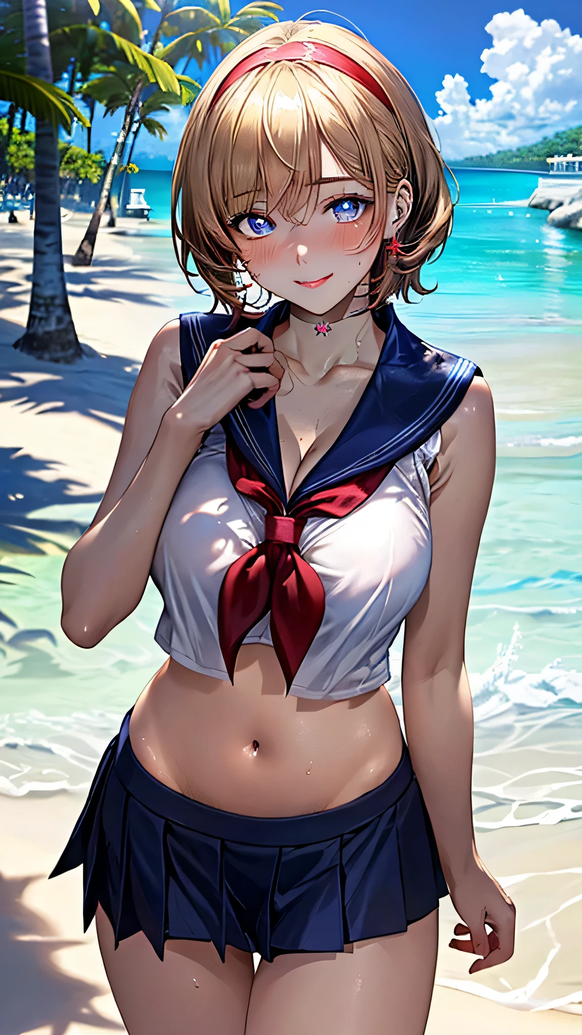 Cosmetics, mini skirt, coffret, bikini swimsuit, coffret,1girl, solo, blush, looking_at_viewer, smile, short_hair, open_mouth, black_hair, red_eyes, shirt, ribbon, original, navel, hair_ribbon, upper_body, short_sleeves, white_shirt, midriff, belt, sailor_collar, sweatdrop, blue_sailor_collar