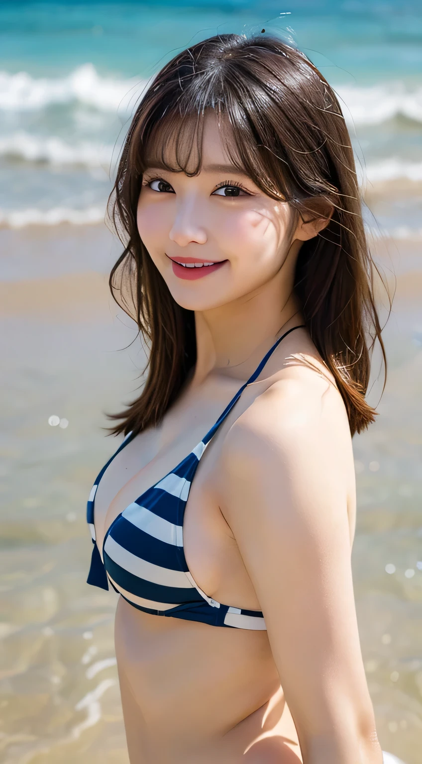 In 8K,Highest quality:1.4, Ultra-high resolution:1.5, (Realistic:1.4),masterpiece:1.2,(Highest quality:1.4)、 RAW Photos、 (The background is blurred), Sea side, Sandy Beach, 1 Japanese girl, cute, (alone:1.4), (A shy smile), Smooth Skin、Floral Bikini:1.3、 (Brown medium hair,bangs), (Touching your hair:1.4),Nogizaka,cute swimsuit,Flexible fingertips,Beautiful dark eyes、dual、Natural skin texture:1.3, Realistic eye and facial details:1.7、Mid-breasted、The Sunset Sun、Sculpture Pose：1.1、Tight ass:1.5、Put your hands behind your head、Staring at the audience,The cameraman is facing backwards.５Step back