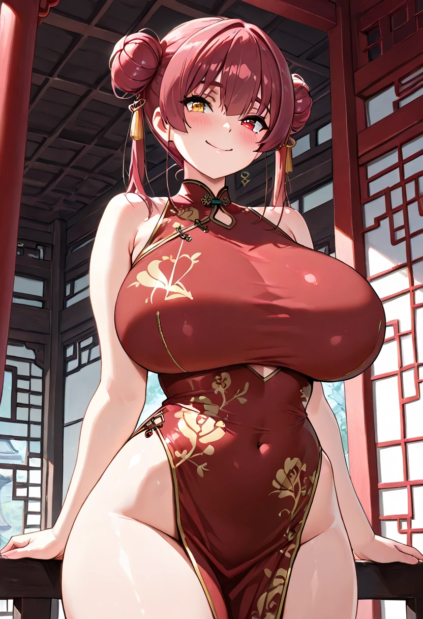 tamakikousaka, huge_breasts, standing, solo, china_dress, masterpiece, best quality, detailed face, detailed eyes, highres,,Smile,station square,Sunlight,Face red,cleavage