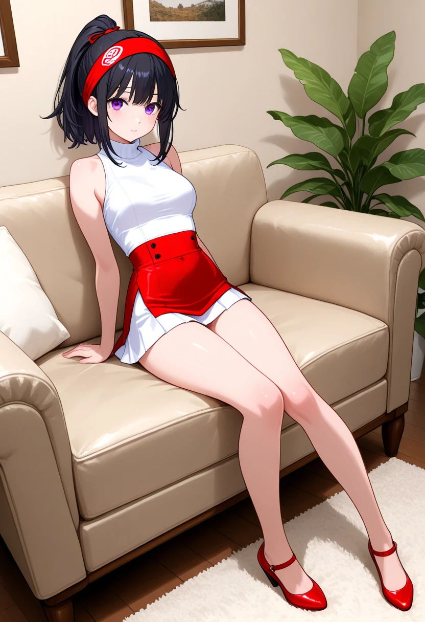 1girl, woman, flat chest, colorful eyes, indoors, sitting, sleeveless, knees together, long black hair, legs