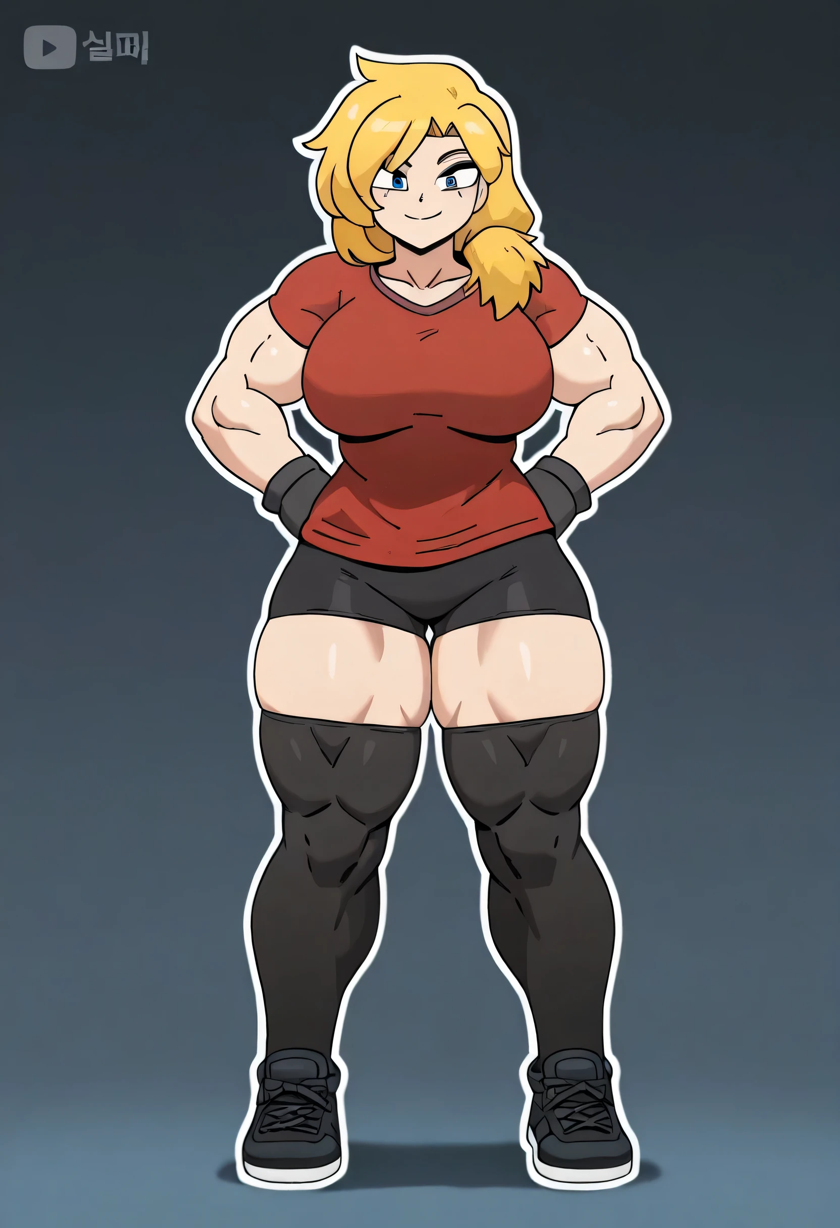 (beautiful detailed photo), (high quality image), (((woman with bodybuilder physique))), (((gorgeous face))), (((full plump lips))), (((beautiful eyes))), (((curly blonde hair))), (((very curly hair))), (((bouffant hair))), (((huge muscles))), (((massive bodybuilder muscles))), (((huge bulging muscular torso))), (((huge muscular laterals))), (((defined toned abs))), (((strong defined arms))), (((big muscular arms))), (((big breast))), (((big broad wide shoulders))), (((huge broad wide muscular shoulders))), (((huge broad muscular shoulders))), (((skinny narrow thighs))), (((skinny narrow legs))), (((tattoo on arm))), (((exposed cleavage))), ((sexy sports bra)), ((sexy spandex shorts)), (choker), (((sexy pose))), (full body view)