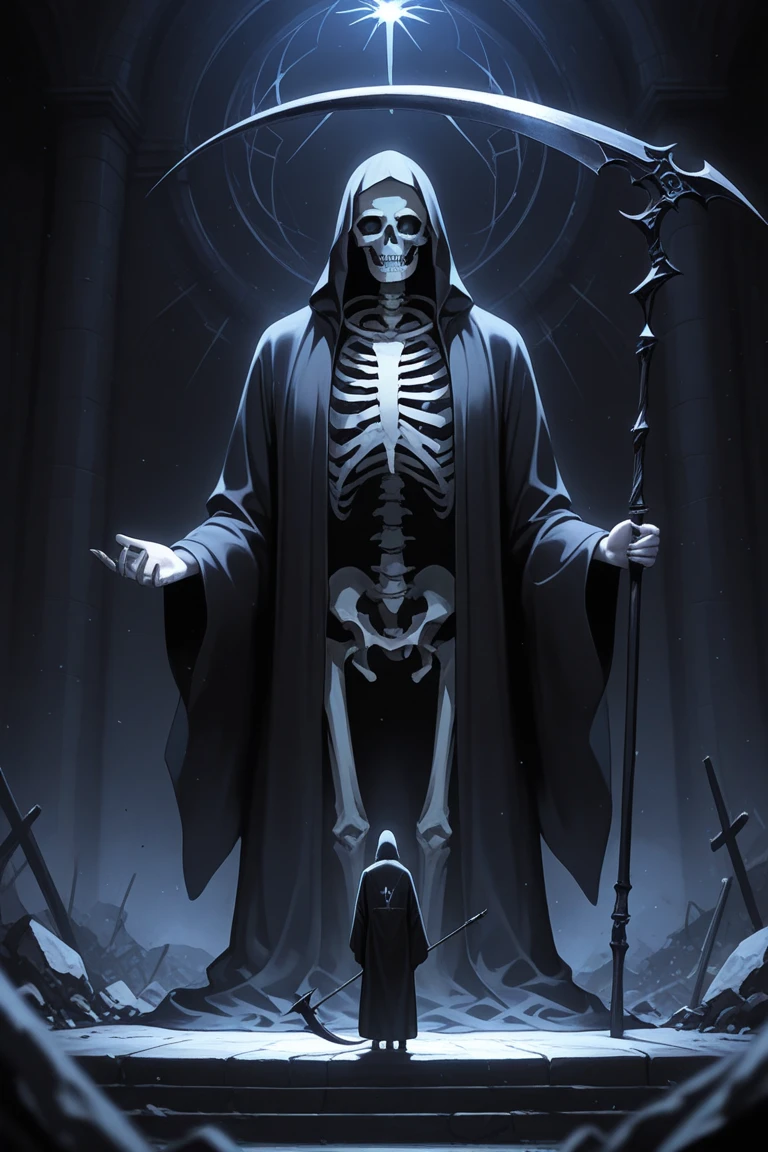 <lora:NecromancyAI:1>, (masterpiece, cinematic lighting, sharpen, 4k, HD, very detailed, detailed face) NecromancyAI, (Lich woman, skeleton woman, hairless):1.3, black cloak, photorealistic painting art by midjourney, dark gray mantle with a skull on the chest, staff in hand, four bone horns, red burning eyes, looking at viewer, (full body, a full-body view:1.3), ((detailed clothing)), simple gold crown with ruby, lowered hood, skeleton body:1.3