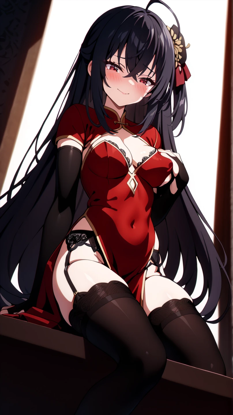 A very beautiful woman with long black hair cascading down to her waist, with red eyes, wearing a red low-cut bodice, with a short black skirt, with a red garter belt, black tights