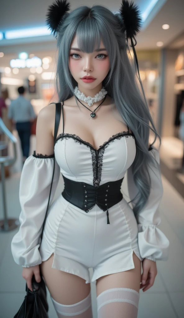 white dress ((knee shot)), (masterpiece、best quality、high resolution),((realistic)),(Colored background),(Splash of Color),Sweet girl,Light Blue和白色的长发,(Light Blue, Pink hair),curls,shiny,((Visible cleavage)), ((I-type Valley)), ((E-cup)), Red and pink lips,The crack is relatively large,Splash of Color,Volumetric Lighting,Full breasts, Elegant Posture, Sexy slender legs