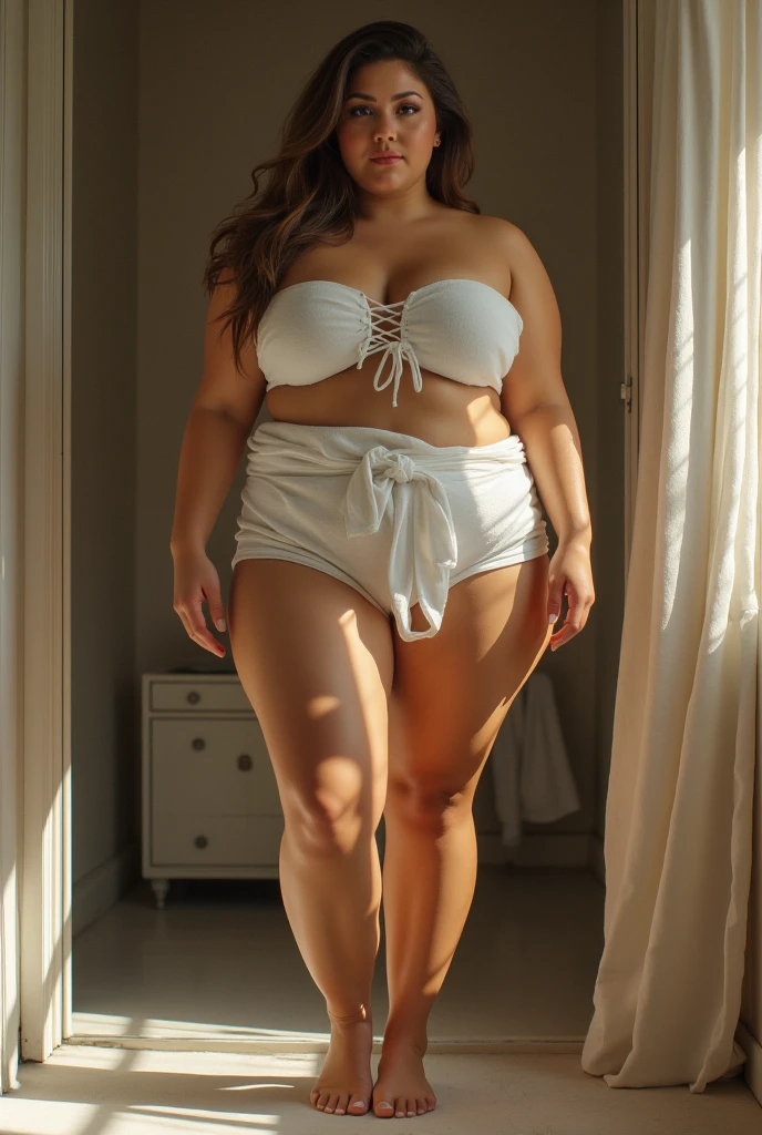Plus size model woman is obese and fat, weighing 200kg, with a lot of fat on her belly and buttocks, she gained weight by eating too much, she is an obese plus size model with a very large belly, her belly is bulging and covered with a lot of fat, she is an American sumo wrestler wearing a white bikini swimsuit and taking a shower in a glass shower room, 4K quality