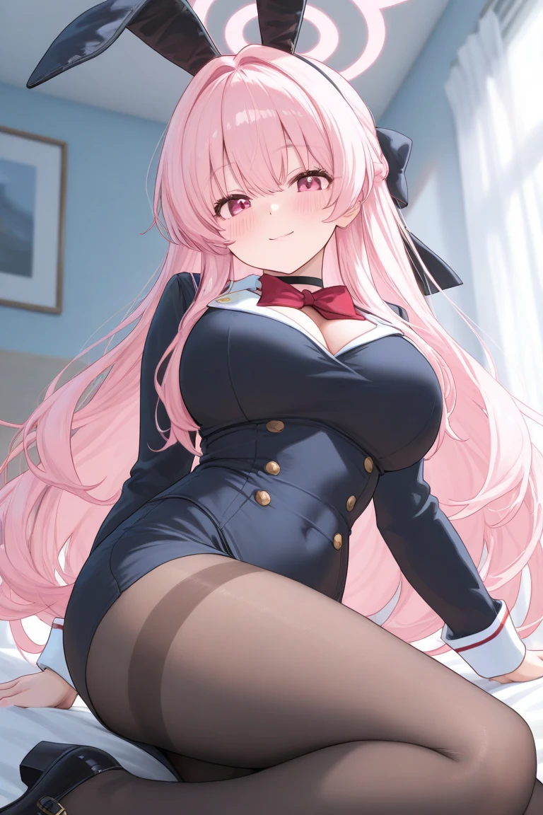 masterpiece, best quality, high quality, exquisite, solo, girl, ahoge, long hair, mini skirt, pink hair, school girl, , blazer, plant, sleeping, lying down, wavy hair, open clothes, ahoge, sleepy, parted lips, (((huge breasts,))) thighs, black pantyhose, ((((half undress,)))) on back, humid, perspired, sweat,