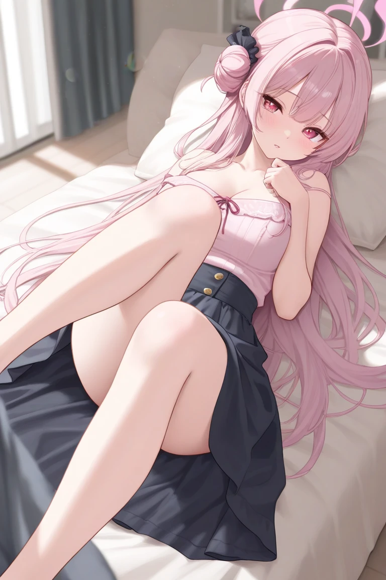 (((Correct human anatomy)))(((perfect toes))) Scenario: Room with a bookshelf, a young girl with an angelic and innocent face, with a sensual body in her pink dress lying on her bed (((pose: look at the horizon)))