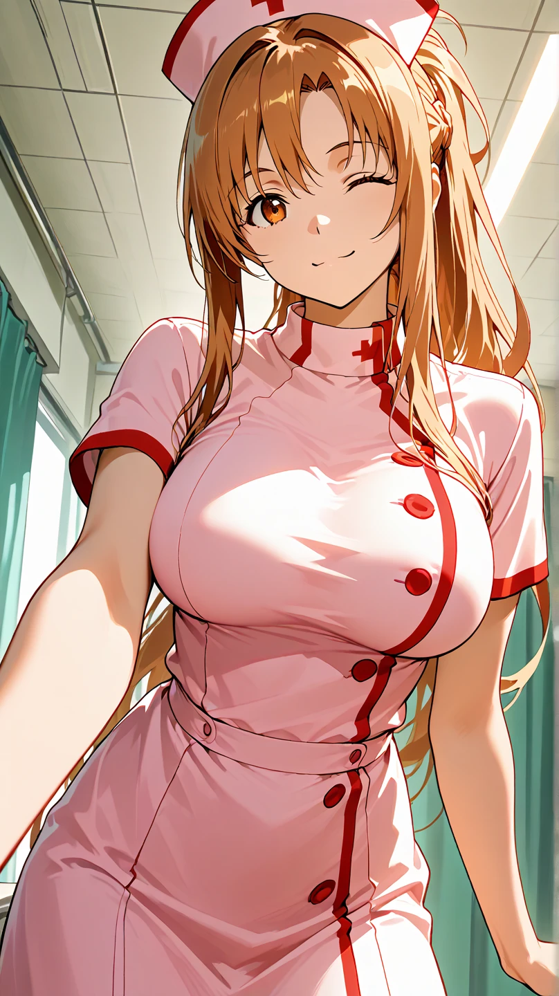 SFW, (nurse clothes) (huge breasts), firm breasts, slim waist, curvy figure, arms behind back, miyamoto rei, long hair, cleavage