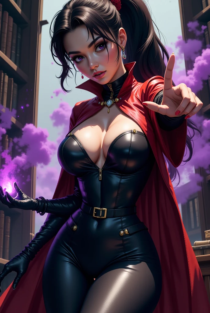 (masterpiece, top quality, best quality, official art, beautiful and aesthetic:1.2), (1girl:1.3), long and curly dark brown hair, extremely detailed, portrait, looking at viewer, solo, (full body:0.6), detailed background, close up, mischievous eyes, (warm summer castle theme:1.1), sorceress, charlatan, smirk, mysterious, walking in courtyard, revealing ((dark red)) sorcerer attire, red knee-length red skirt, off shoulder, straps, long sleeves, loose sleeves, cloak, corset, black leggings, black trousers, black pants, long brown boots, buckles, straps, pouches, (glowing magical energy, casting a spell), red fabric, white trim, ((((gigantic breasts, cleavage, skindentation)))), slim waist, slim hips, long legs, medieval (castle exterior:1.1) background, dark mysterious lighting, shadows, magical atmosphere, dutch angle