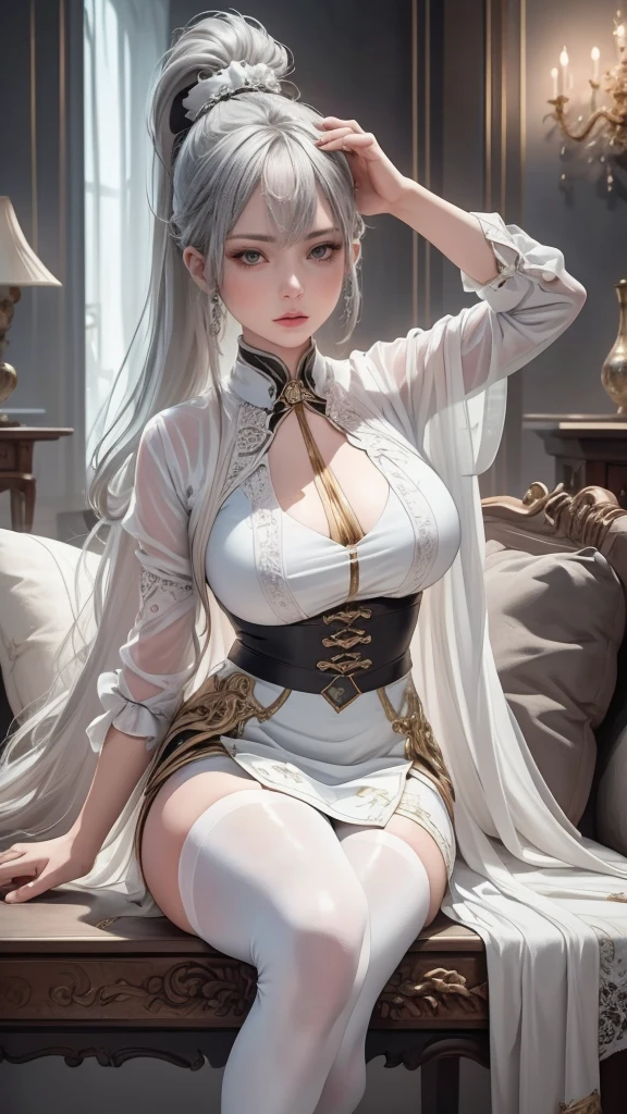 Masterpiece, HD image of Claire E. Faier with impeccable stats: Level 1000 (Max), Intelligence 9999 (Max), Strength 9999 (Max), Vitality 9999 (Max), Agility 9999 (Max), Charm 9999 (Max), Luck 9999 (Max).
Claire is depicted with a serene expression, seated in an elegant chair, her stat sheet spread out on a pristine desk in front of her. Behind her is the swirling constellation of multiverse, she had healthy light pinkish skin color, long white hair, a youthful yet mature facial beauty, big breast, wearing a Black Qipao with garter belt