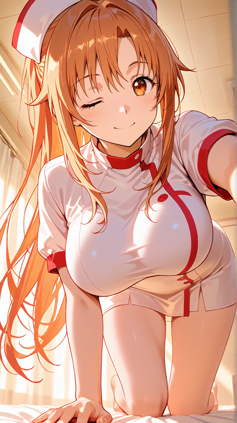 (POV,from above,mouth focus:1.6),1womanl, beautiful mature senior nurse, (perfect details beautiful eyes:1.2) ((red blush,steam:1.3)), (open mouth:1.1), large full breasts, (kneel down:1.2), Perfectly proportioned, Colorful long Hair, {(sheer nurse uniform:1.5), (covered pointy nipples:1.0),big sagging breasts},Octane Render, 8K, Unripe, ((Best Quality)), ((masutepiece)), 超A high resolution, (depth of fields), Maximum clarity and sharpness