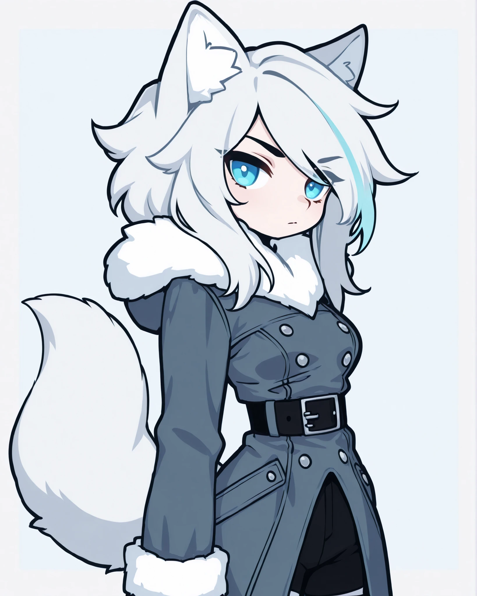 CartoonyIllustrious, adjusting clothes, shojo style, kemonomimi fox girl, arctic white fox ears and long fluffy tail, strong and confident expression, long silver-white hair with blue highlights, cold winter military-inspired outfit (high boots, thick belt, fitted fur-lined coat), striking icy blue eyes, standing in a simple light blue background, elegant pose, soft lighting, anime portrait, upper body view, high quality