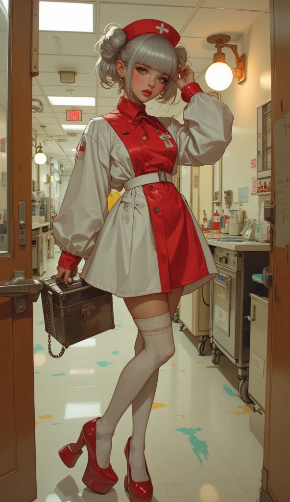 ((bloodstains)), ((respingos de bloodstains)), ((bloodstains nas roupas)), ((mancha de bloodstains)), hospital, (nurse uniform), (has an electric saw), (zombie's), absurderes, foto RAW, extremely delicate and beautiful, Masterpiece artwork, best qualityer, ultra-high resolution, 32k, hyper realist, ultra-detailed, Detailed Description, skin fair, 20 year, crying mole, 耳环, Colossal, short medium hair, wavyhair, evil smile, full body shot,