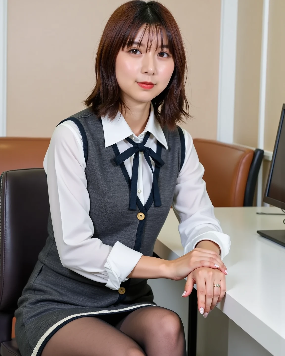 girl 18-year-old Hairstyle Casual, wearing secretary clothes at office